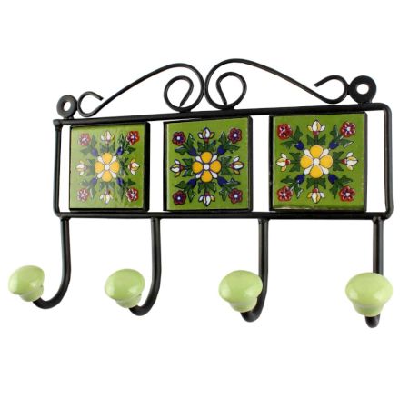 Ceramic Floral Tile Hook in Pea Green